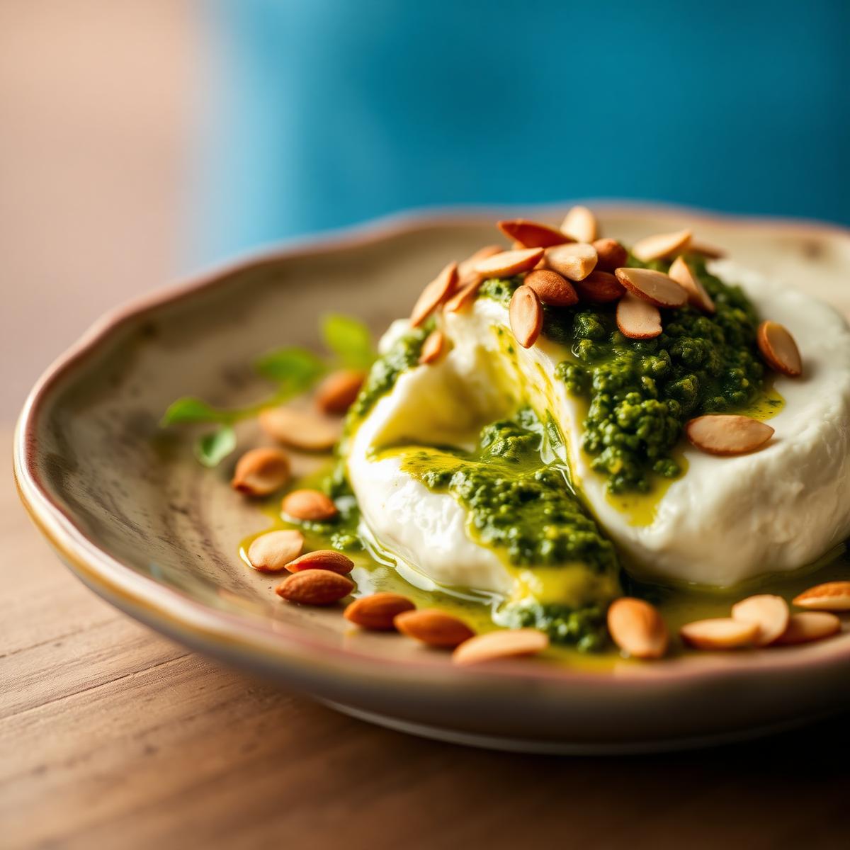 Burrata cremosa, pesto de rúcula y almendra