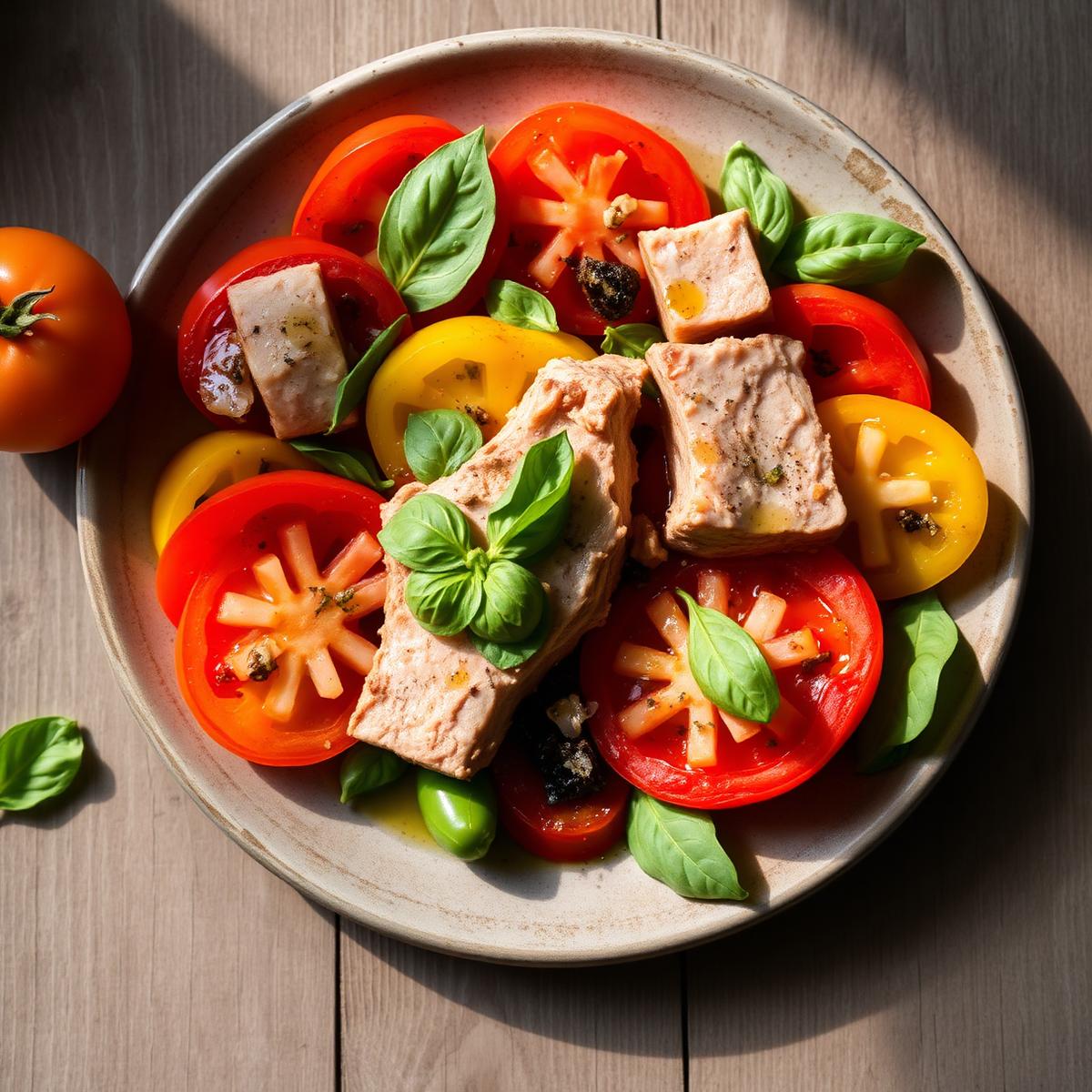 Ensalada de tomate, ventresca y albahaca
