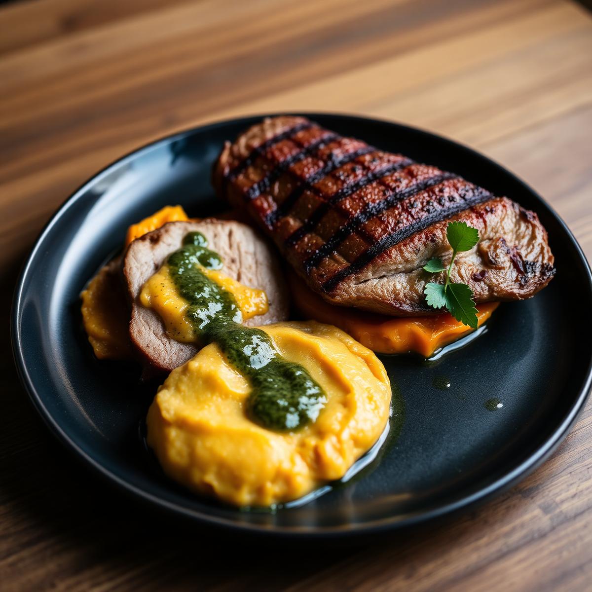 Secreto ibérico, boniato y chimichurri